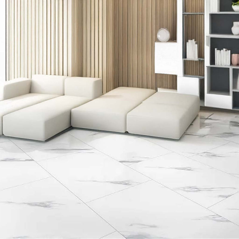 Klick Vinyl Greenline Silent XL Marmoroptik und Fliesenoptik in weiß bei Floor4all in Düsseldorf und Hilden