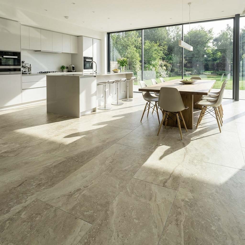 Klick Vinyl in hochglanz Fliesen und Marmoroptik in der Küche verlegt