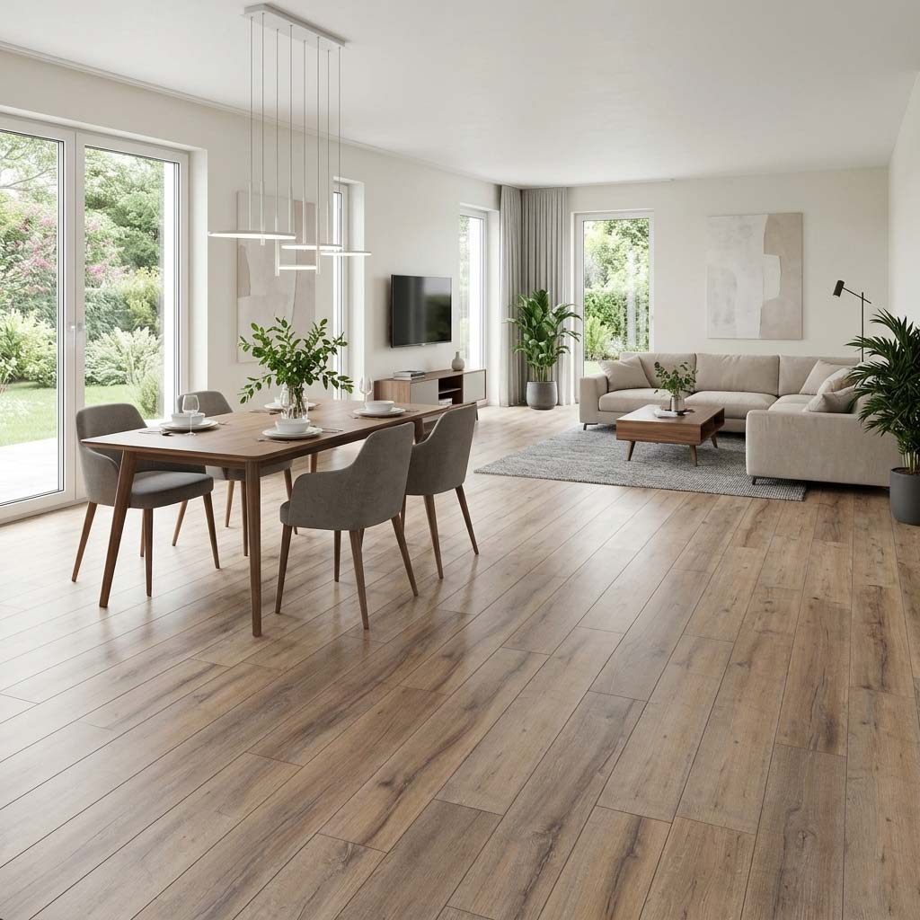 Kronotex Exquisit Laminat in XL-Diele, verlegt im Wohnzimmer mit Blick auf die geprägte Holzmaserung