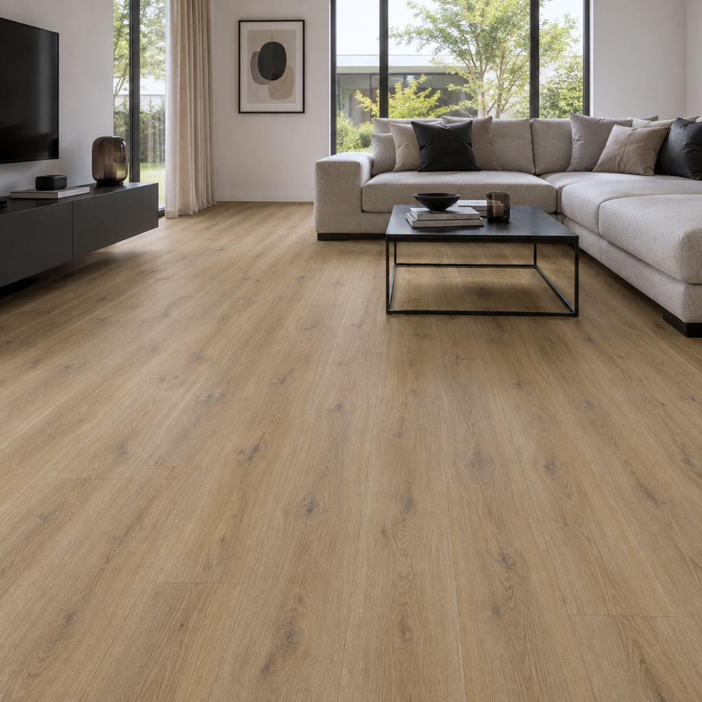 Laminat Kronotex Exquisit Prestige Eiche hell Landhausdiele im hellen Wohnzimmer von Floor4all