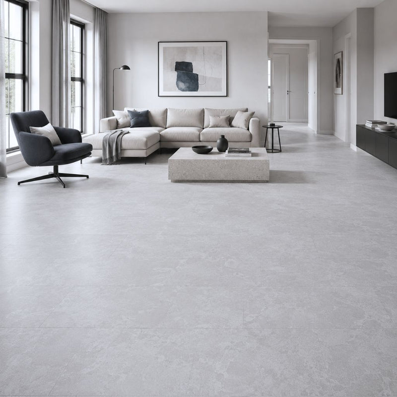Laminat Classen Visiogrande Granit weiss als helle Steinoptik im großzügigen Wohnzimmer von Floor4all