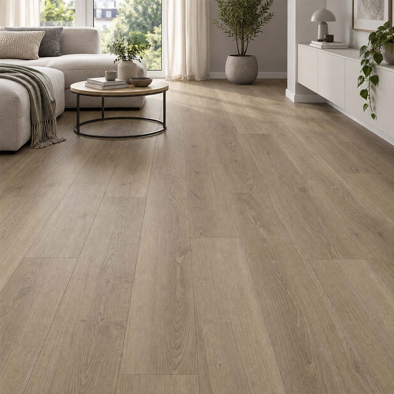Laminat Klick Parador Eiche Macchiato Landhausdiele in einem modernen Wohnzimmer
