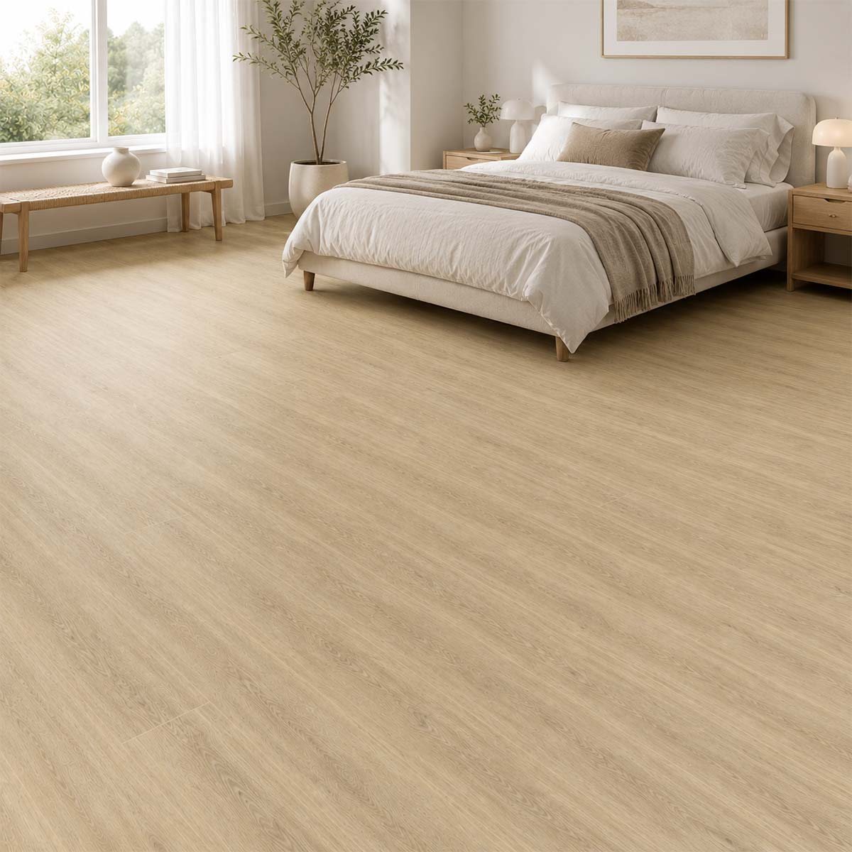 Laminat Kronotex Robusto Phalsbourg Eiche Landhausdiele in einem hellen Schlafzimmer