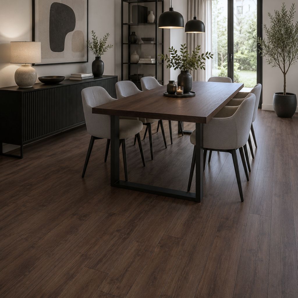 Laminat Kronotex Exquisit Nostalgie Teak Landhausdiele im dunklen Esszimmer von Floor4all
