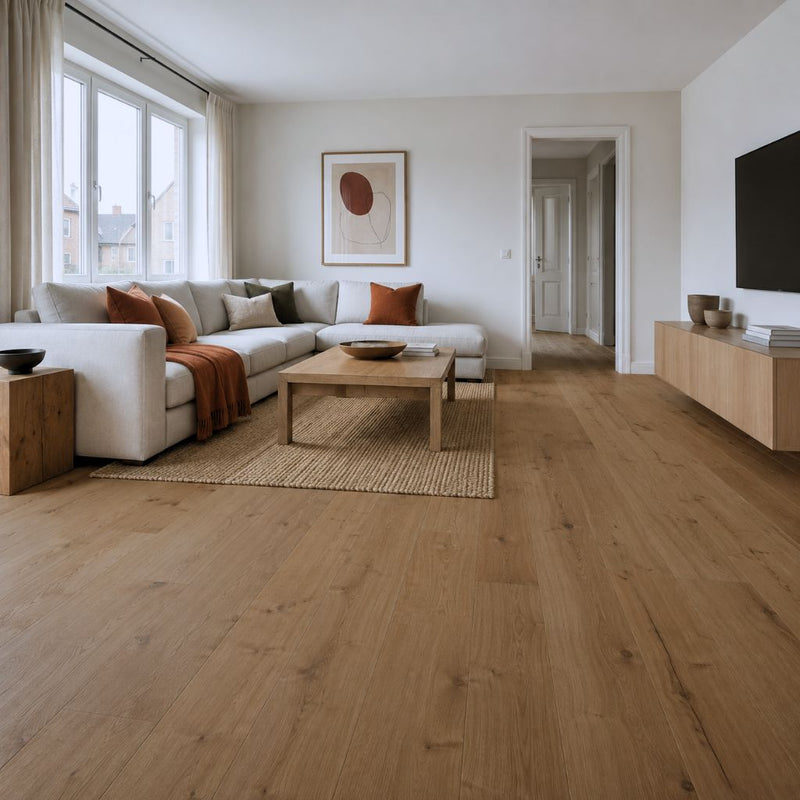 Parkett Eiche Pulara Landhausdiele in einem gemütlichen, hellen Wohnzimmer