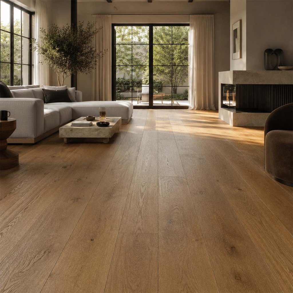 Parkett Eiche Rhino rustikal Landhausdiele geölt im modernen Wohnzimmer mit warmer Eichenoptik