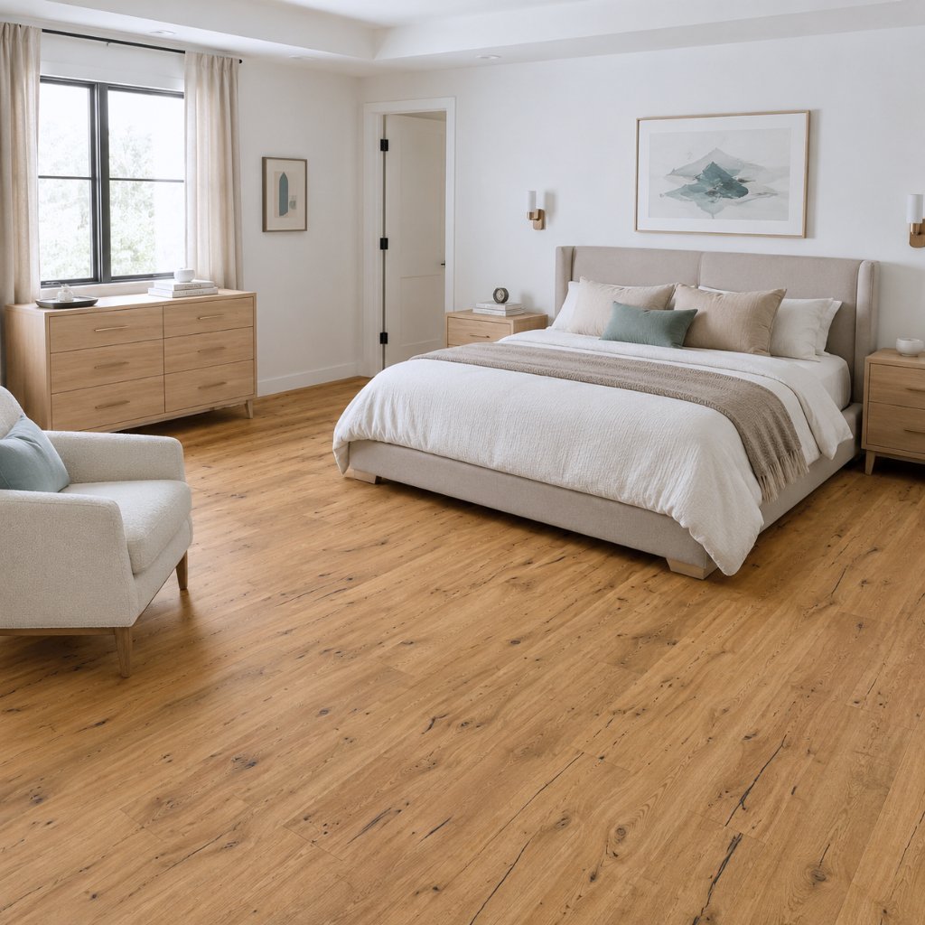 Schlafzimmer mit Parkett Endres Country Eiche rustikal gebürstet natur geölt in warmer Landhausdielenoptik von Floor4all