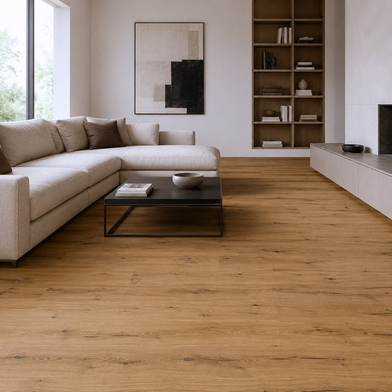 Modernes Wohnzimmer mit Parkett Endres Country Eiche rustikal gebürstet natur geölt und markanter Maserung von Floor4all