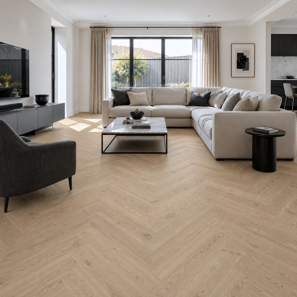 Parkett Fischgrät Chateau Eiche Rustikal hell im Wohnzimmer von Floor4all