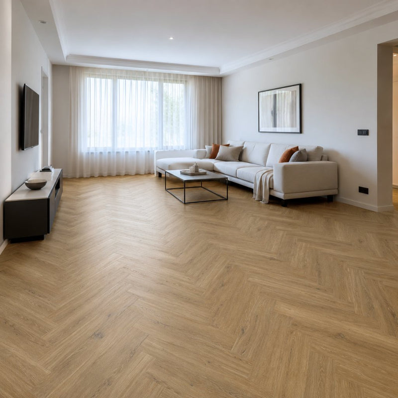 Modernes Wohnzimmer mit Klick Vinyl Prime Oak Oslo Fischgrätboden und heller, offener Einrichtung von Floor4all
