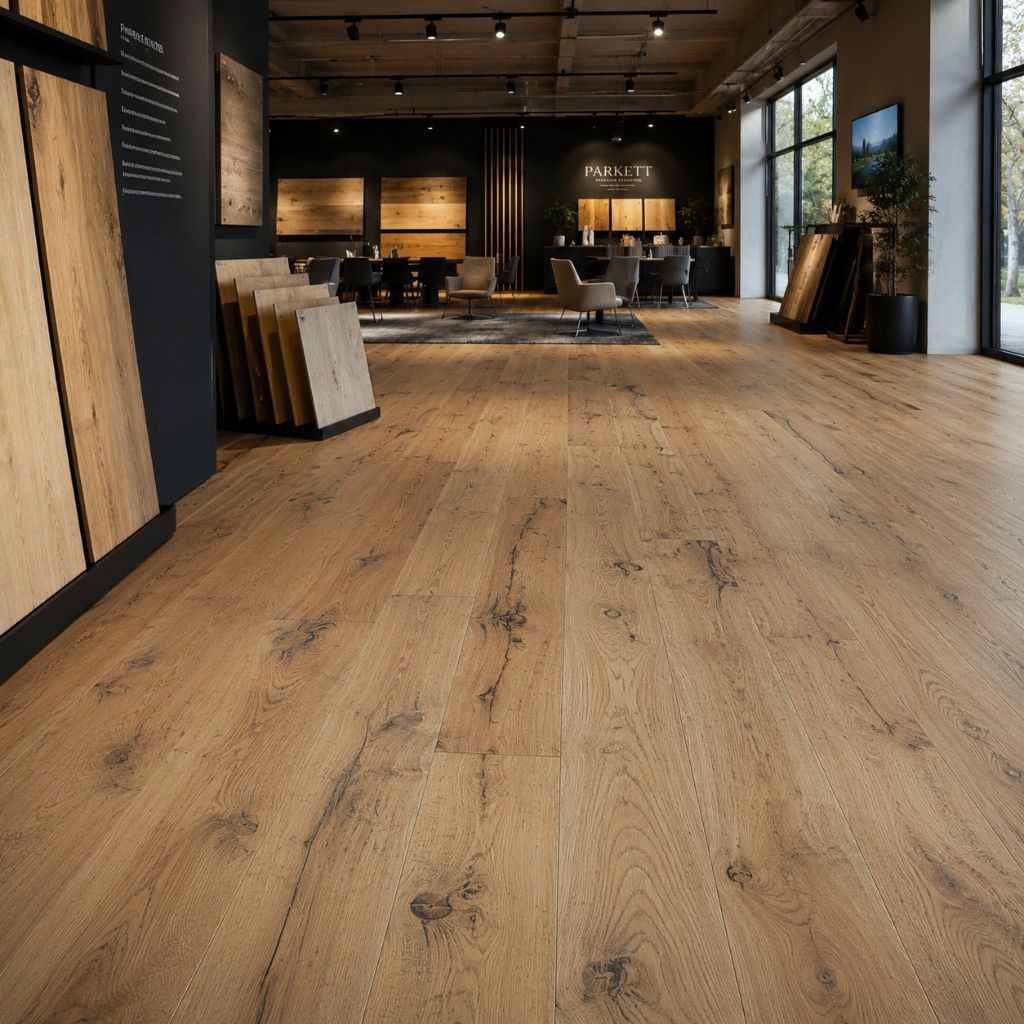 Parkett Turin Eiche Rustikal im Showroom: Großformat Landhausdiele, rustikaler Struktur - Floor4all