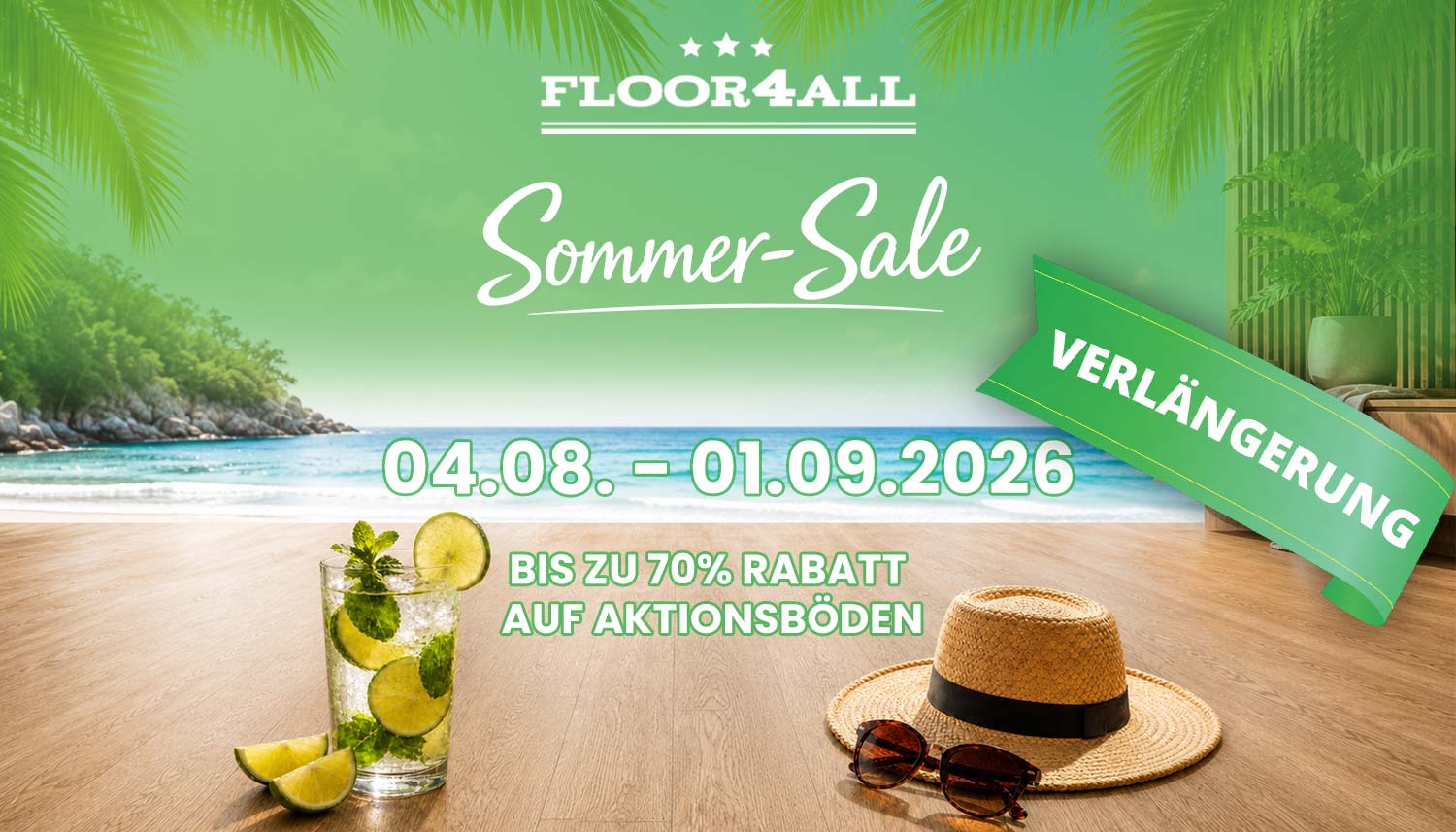 Sommr Sale Aktion bis zu 70% Rabatt auf Vinyl, Laminat und Parkett bei Floor4all