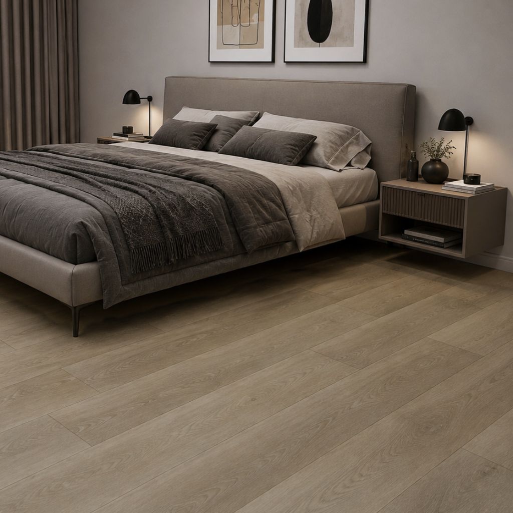Vinylboden Eiche Check One Prenzlau in heller Eichenoptik in einem gemütlichen Schlafzimmer