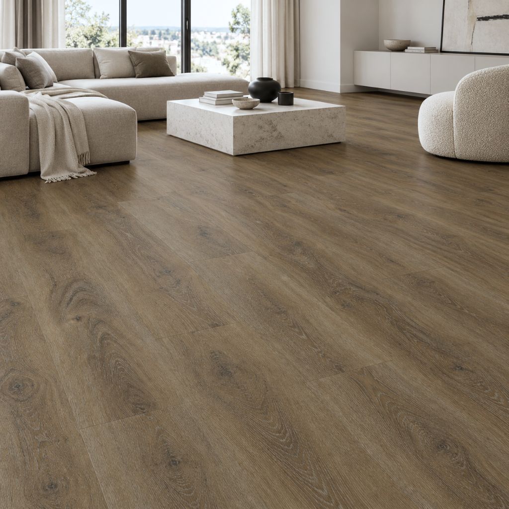 Wohnzimmer mit Vinylboden Klick Eiche Caleno in warmem Braun, hellem Ecksofa und Fensterfront von Floor4all