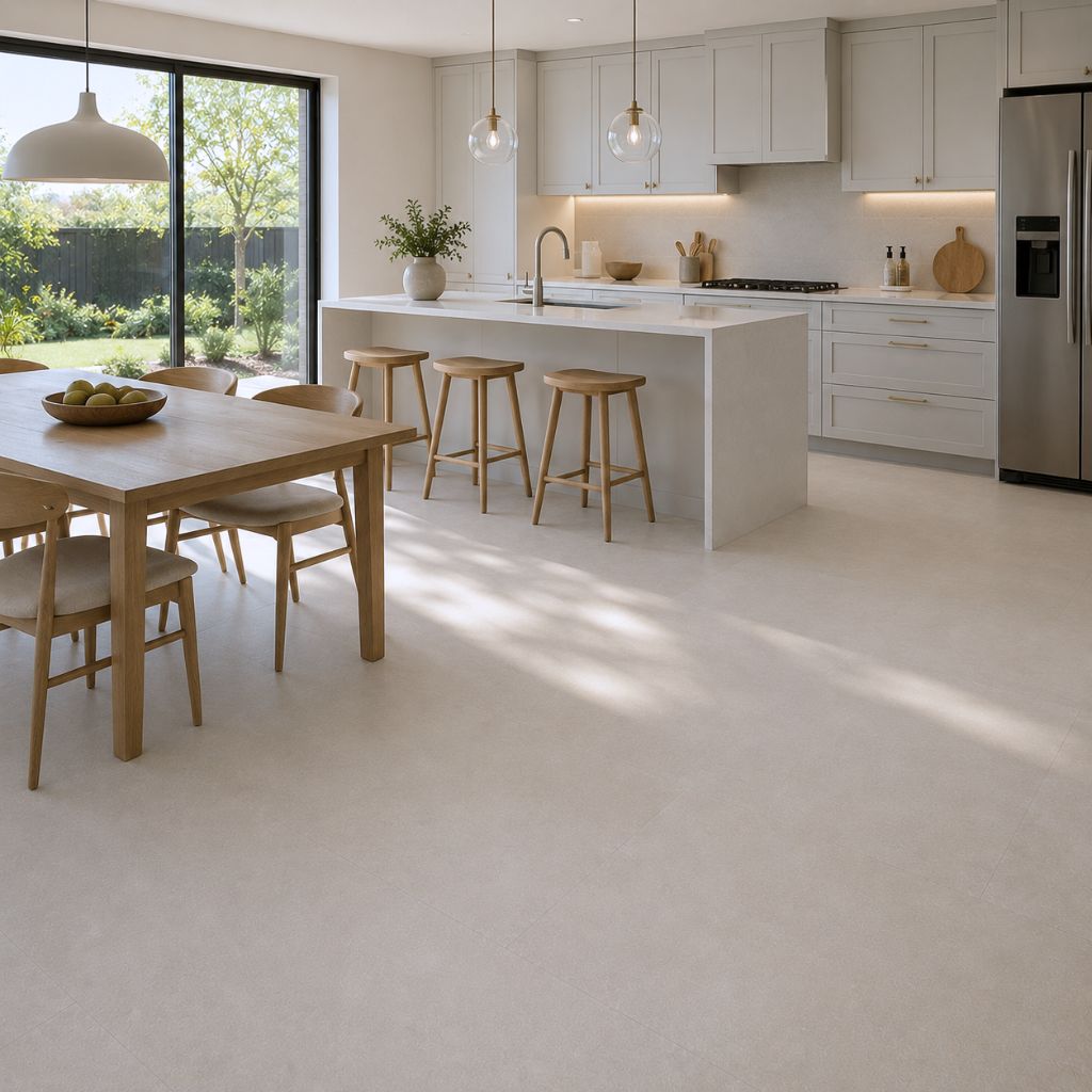 Offene Wohnküche mit Travertin Designboden und Trittschalldämmung, geräumiger Essbereich mit modernem Design